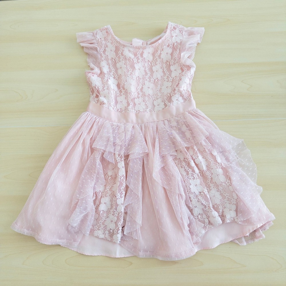 BCBGIRLS Girls Lace Tulle Dress Size 4 Pink Tiered Princess Floral Tea Party